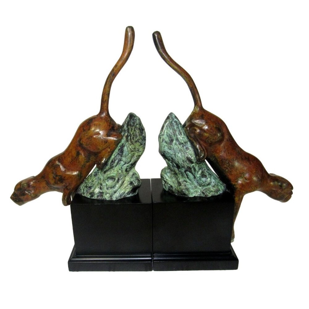 Vintage 12" MCM Art Deco Panther Jaguar Tiger Bronze Sculpture Bookends Statue - Picture 1 of 5